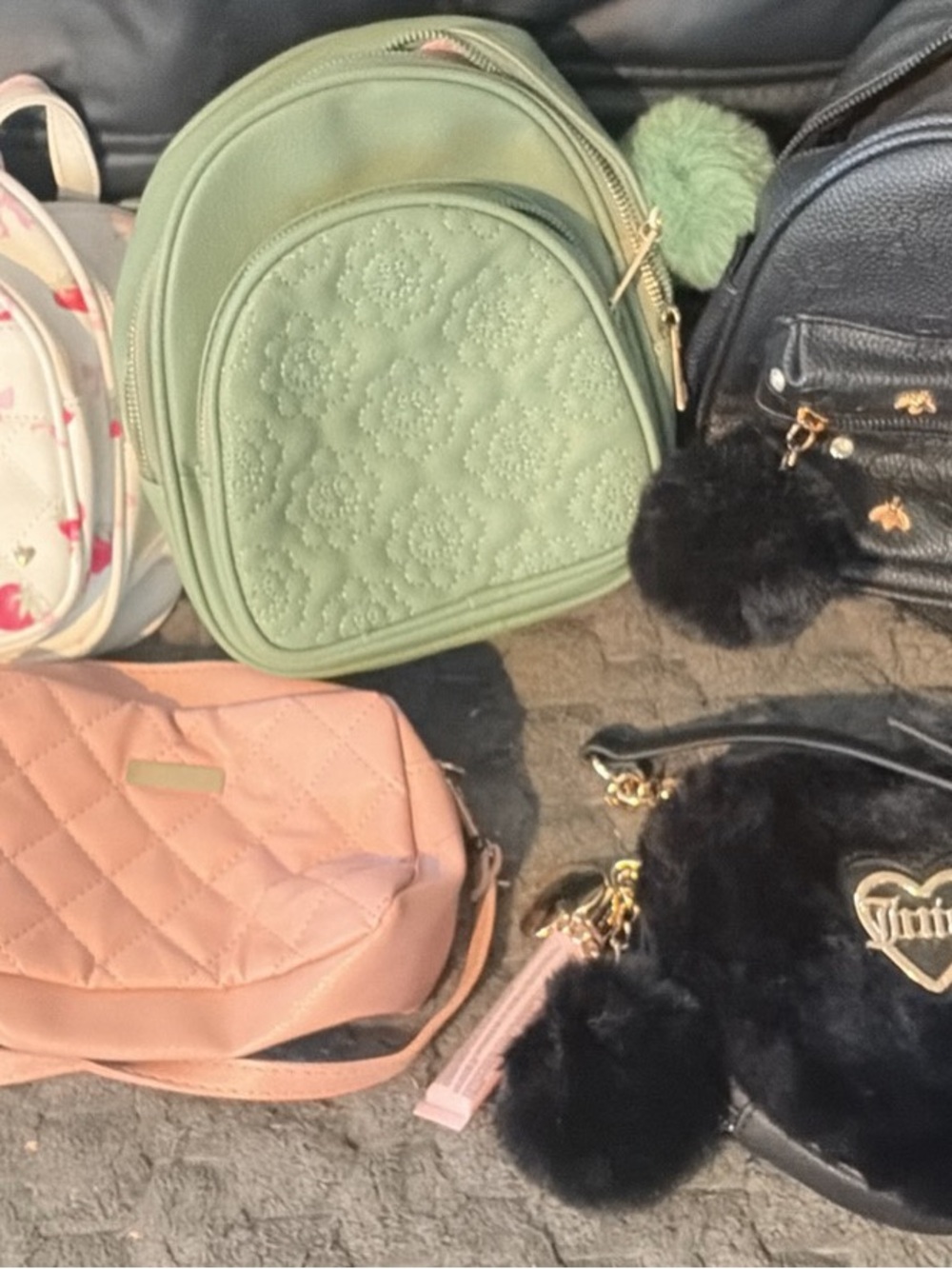 Juicy Couture Mint Green Quilted Floral Mini Backpack with Pom Pom